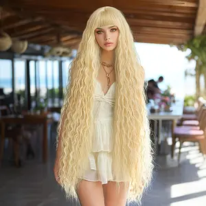 44 Inch Extra Long Blonde Cosplay Wig with Bangs Loose Long Curly Blonde Wig Soft Synthetic Heat Resistant Costume Wig for Women Party Wedding Cosplay Halloween