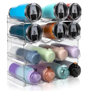 Stackable Water Bottle Organizer, Large Compartment Water Bottle Holder, 4 Tier Clear Water Bottle Organizer for Cabinet, Bottle Rack for Kitchen Organization and Storage - Hold 16 Bottles