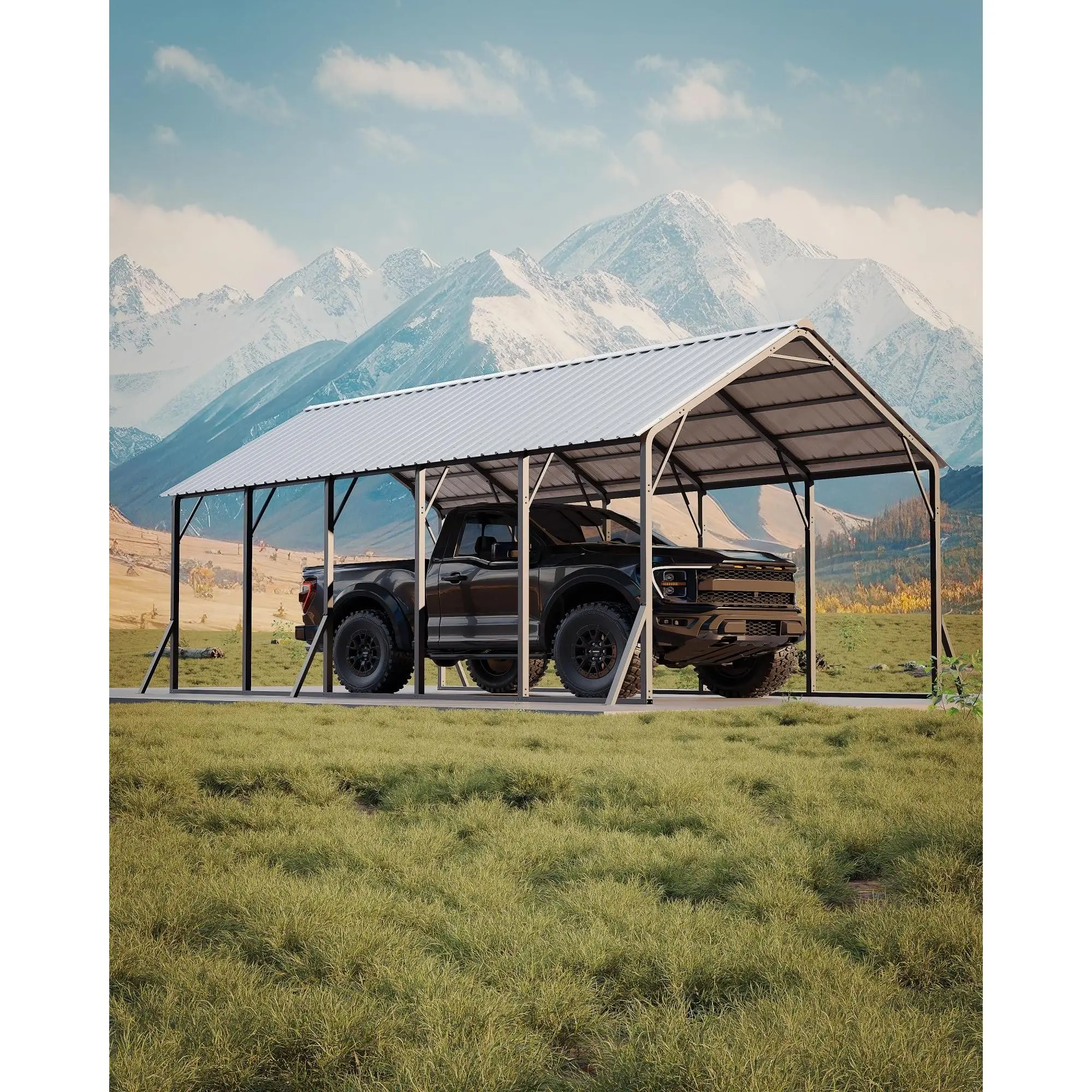 Heavy-Duty 13x26 ft Metal Carport Kit – 120° Steep-Presentation Vertical Roof, 133" High Clearance – Reinforced Galvanized Steel Shelter for RVs, Boats, Tractors – Ideal for Winter Snow Protection
