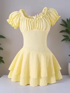 Girls Dress, Square Neck Ruffle Detail, Short Sleeve Multi-Layer Hem, Fashionable Elegant Sweet Style, Casual Summer Wear, Frilled Dress