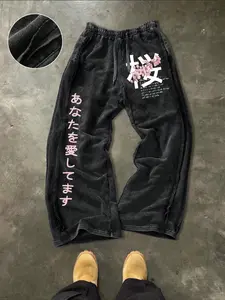 Men's Casual Loose Cotton Sport Pants, Floral Print Bottom, Sakura Print, Drawstring Waist, Geometric Design, Long Regular Fit, Street Style, Ideal Gift