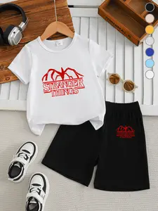 Summer Boys' Stranger Things Set, Short Sleeve Tee & Loose Shorts, Comfortable Breathable Casual Wear for School & Parties