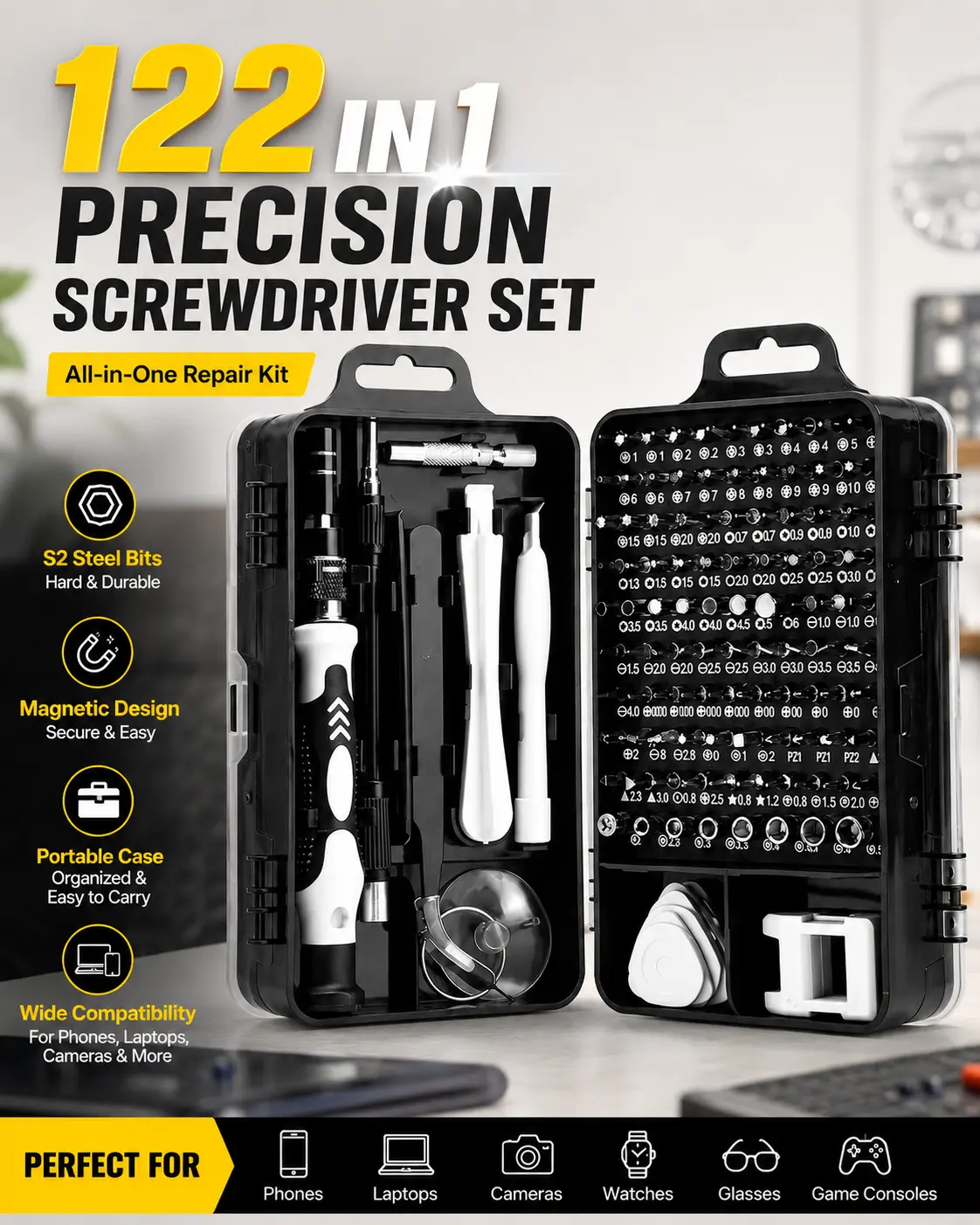 122-Pcs Precision Magnetic Metal Screwdriver Set with Ergonomic Handle Design, Repair Bits & Accessories, Professional Hand Tool Kit for Household Repairs, Phones, PS5, Laptops, Cameras