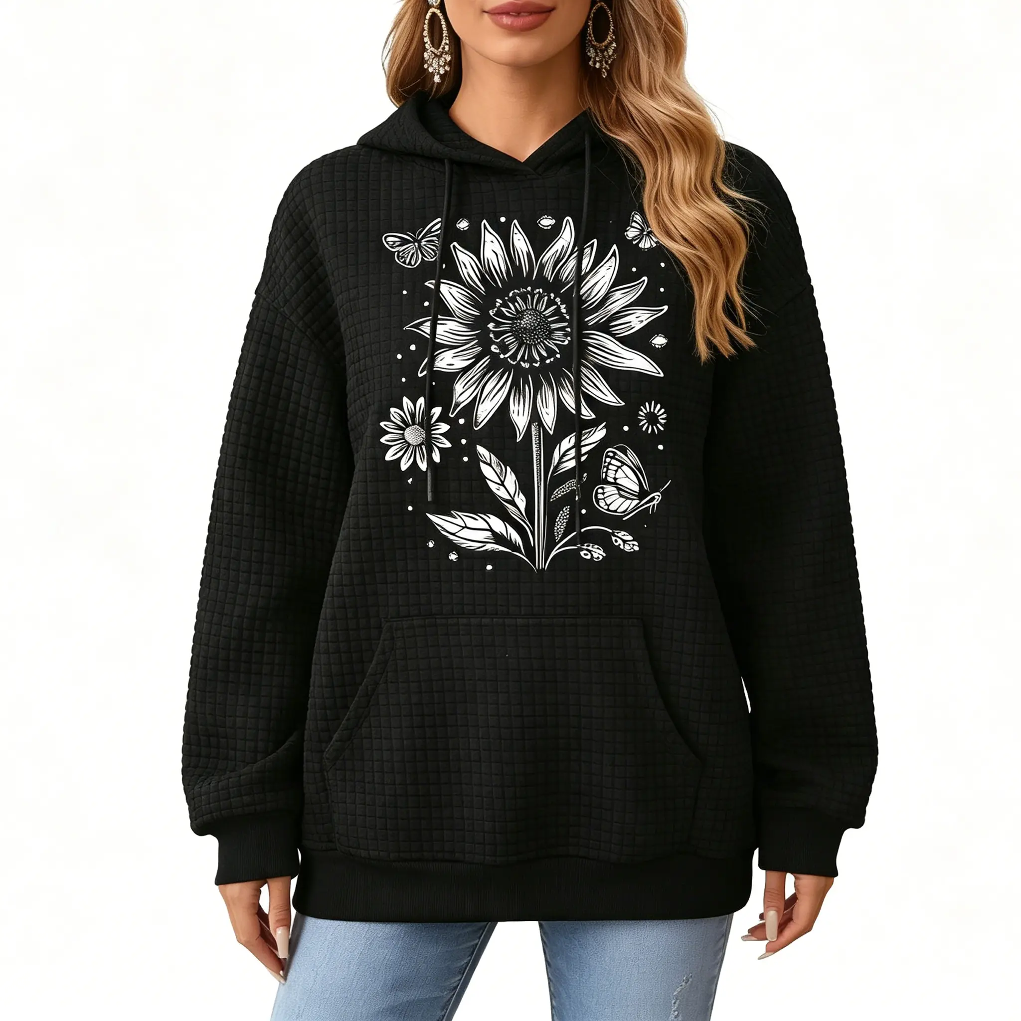 Nature Themed Waffle Knit Hoodie, Sunflower & Butterfly Print, Textured Knit Pullover, Comfy Casual Outfit for Daily Wear & Weekend
