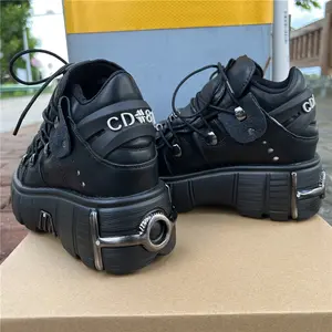 Retro Chic Unisex Punk Style Lace-up Sneakers - Fashion Sneakers with Thick Black Bottom, Metal Decoration, Casual Design, and Comfortable Fit for Everyday Wear