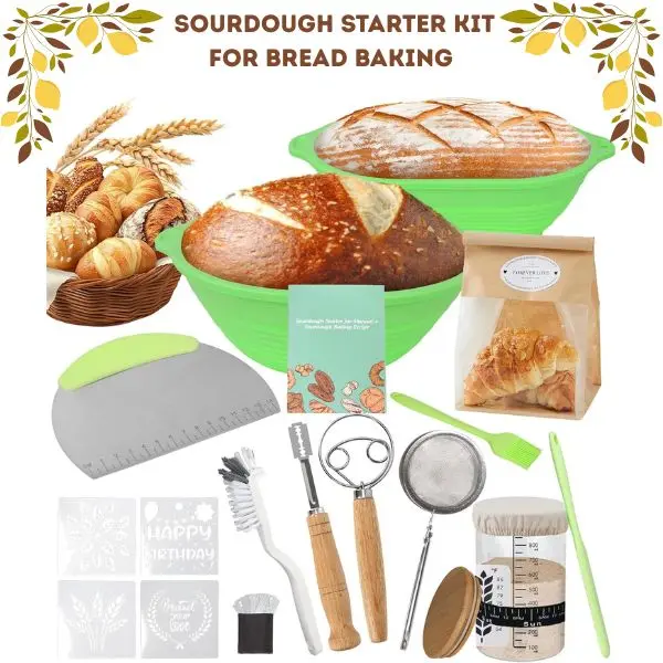 Sourdough Starter Bread Baking Kit with 10” Oval & 9” Round Banneton Proofing Baskets, Starter Jar, Silicone Baking Tools, Bakeware Set, Bread Making Supplies, Mother’s Day Gift, Father’s Day Gift, Birthday Gift