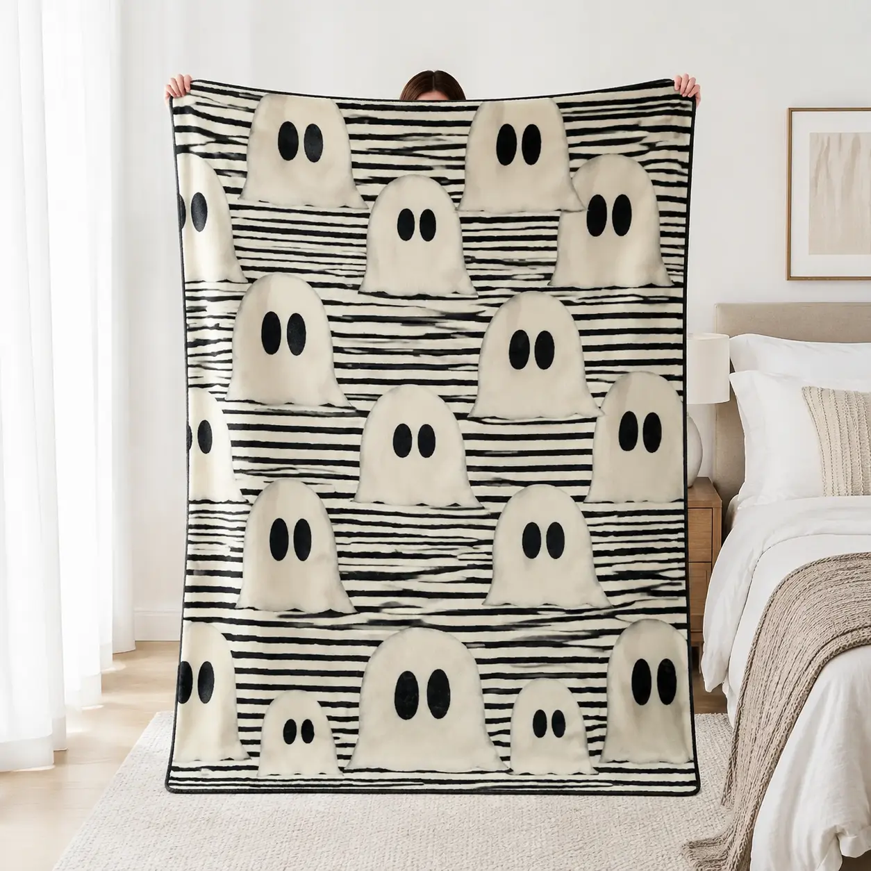 Cute Ghost Halloween Flannel Throw Blanket, Black White Striped Soft Cozy Fleece Blanket, Neutral Spooky Fall Decor for Bedroom Couch, Halloween Gift for Women