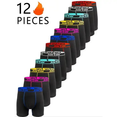 12pcs-Men's Stretchy Boxer Briefs with Letter Tape, Casual Comfy Breathable Underwear for Daily Wear, Men's Underwear for All Seasons Sportswear Activewear