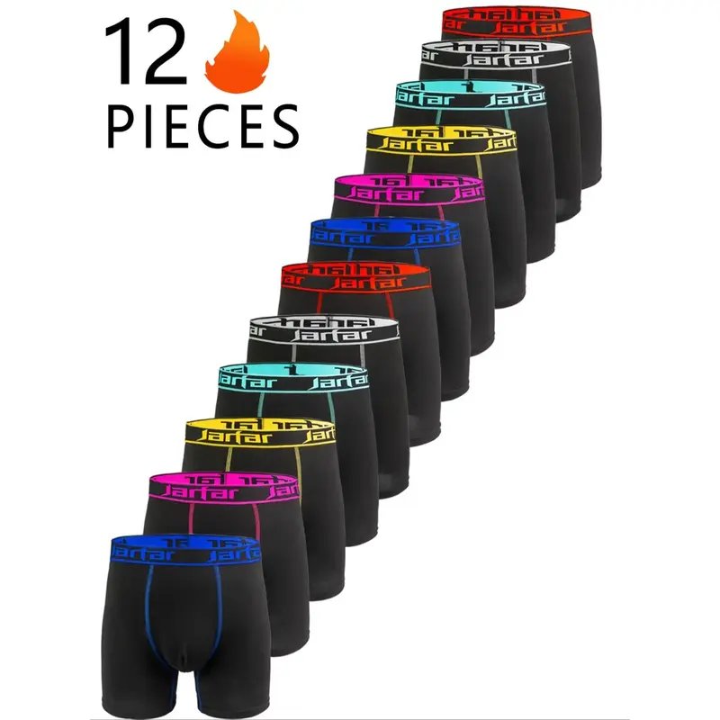 12pcs-Men's Stretchy Boxer Briefs with Letter Tape, Casual Comfy Breathable Underwear for Daily Wear, Men's Underwear for All Seasons Sportswear Activewear