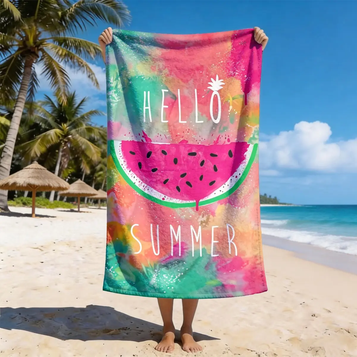 Hello Summer Watercolor Watermelon Beach Towel, Quick Dry Absorbent Soft Polyester, Multi-Use Yoga Travel Swim Camping, Large Size, Best Gift, Multipurpose Towels