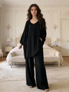 Luxurious Bow Tie V-Neck Sleepwear Set, Casual Loose-Fit Long Sleeve Wide Leg Pants, Women's Outer Wear Home Clothing Two-Piece Suit