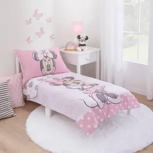 Minnie Mouse 4pc Disney Dancing Bows Toddler Comforter Bedding Set: Knitted Midweight Fabric, Classic Pattern, Standard Crib/Toddler Size