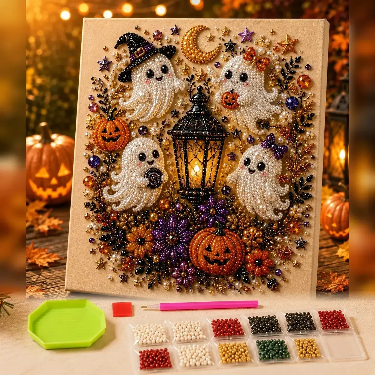 Spooky Cute Ghost 8x8 Inch 3D Pearl Diamond Painting DIY Kit, Halloween Fall Craft Set, Decorative Wall Art for Home Décor, Parties & Holiday Gifting