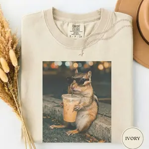 Comfort Colors Funny Chipmunk Drinking Iced Coffee Shirt, Animal Meme Tee, Chipmunk Lover Gift, Funny Animal Shirt, Coffee Lover Tee, Cute Tee ET