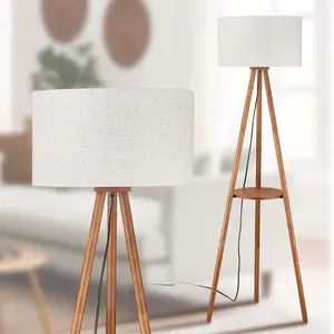 BTP Wood Tripod Floor Lamp, Farmhouse Shelf Wooden Standing light Drum Shade for Living Room, Bedroom, Office, Footswitch,ETL Listed/Brown Wood Color, 3 Color Temparature LED Bulb Include