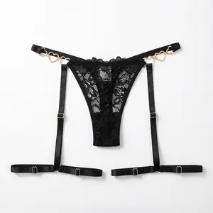 Amour Heart Garter Thong - Gothic Elegant Plain Lace with Gold-Tone Chain Heart Links