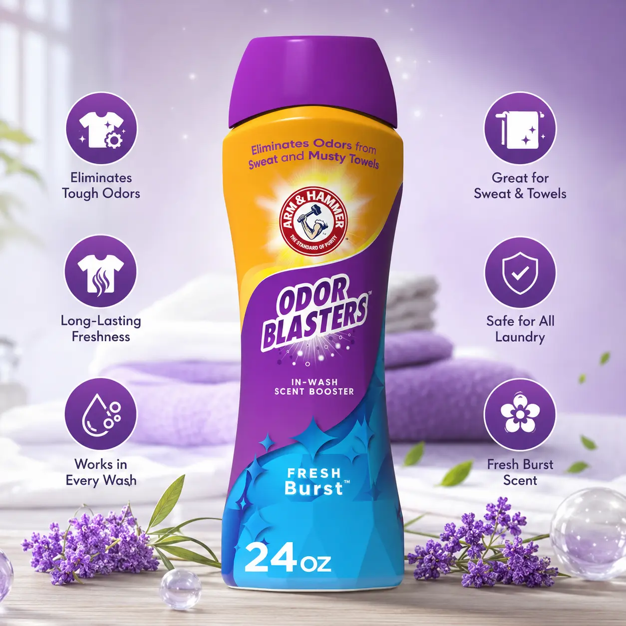 Odor Blasters Laundry Scent Booster, Fresh Burst Scent, 24 Oz | In-Wash Laundry Fragrance, No Heavy Perfumes, No Dyes, No Parabens, Laundry Additive