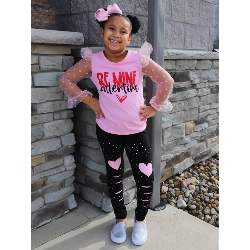 Be Mine Valentine Pink Heart Knee Patch Girls or Toddler Sheer Sleeve Valentine's Day Outfit