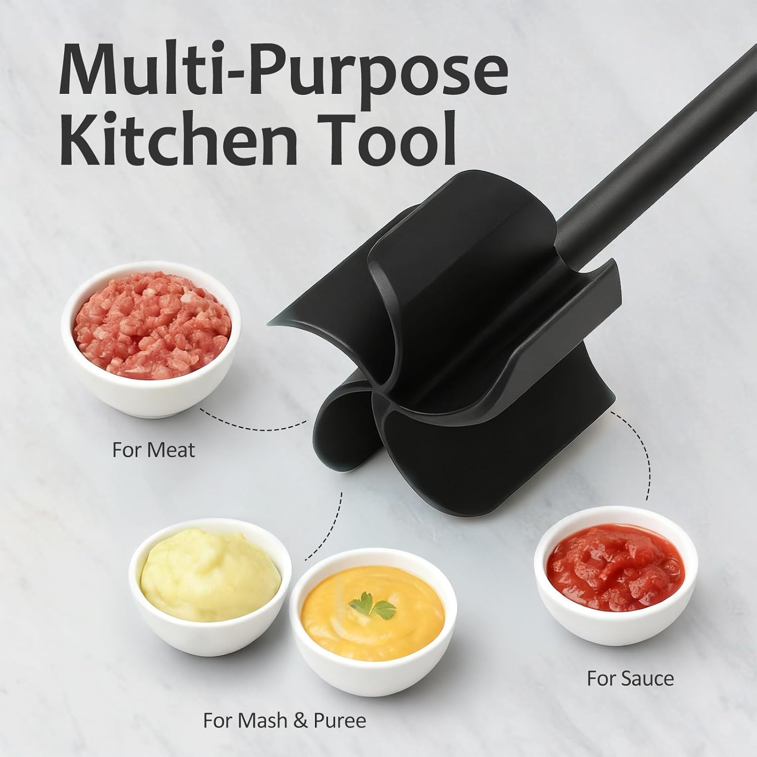 Ourokhome Meat Chopper & Potato Masher – Heat Resistant Nylon Ground Beef Smasher, 5-Blade Nonstick Mixer & Stirrer, Multi-Use Kitchen Tool, Black