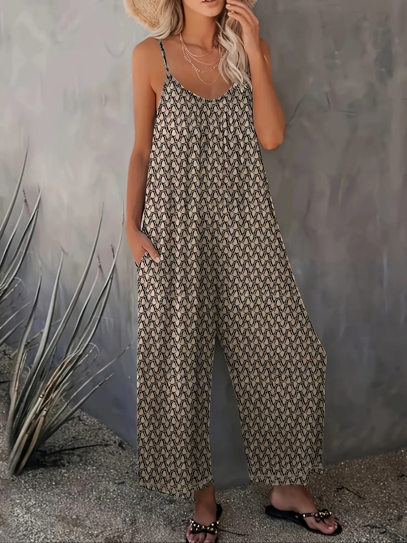 Summer New Women's Printed Casual Sleeveless Spaghetti Strap Loose Wide Leg Jumpsuit, Comfortable One-Piece for Daily Wear & Outdoor Activities, Casual Fashion Jumpsuit, Casual Jumpsuits