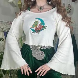 Boho Ribbed OrganicCotton Crop TopWith Bell Sleeve, Witchy Sweat Shirt, Butterfly Hand Embroidery, Whimsy  Goth Fall Winter Pixie Sweater ,Goth Fashion