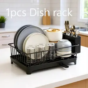 1pc rustproof dish drying rack, large-capacity single-layer dish rack with utensil holder and removable drip tray, black—essential kitchen countertop storage drying rack.