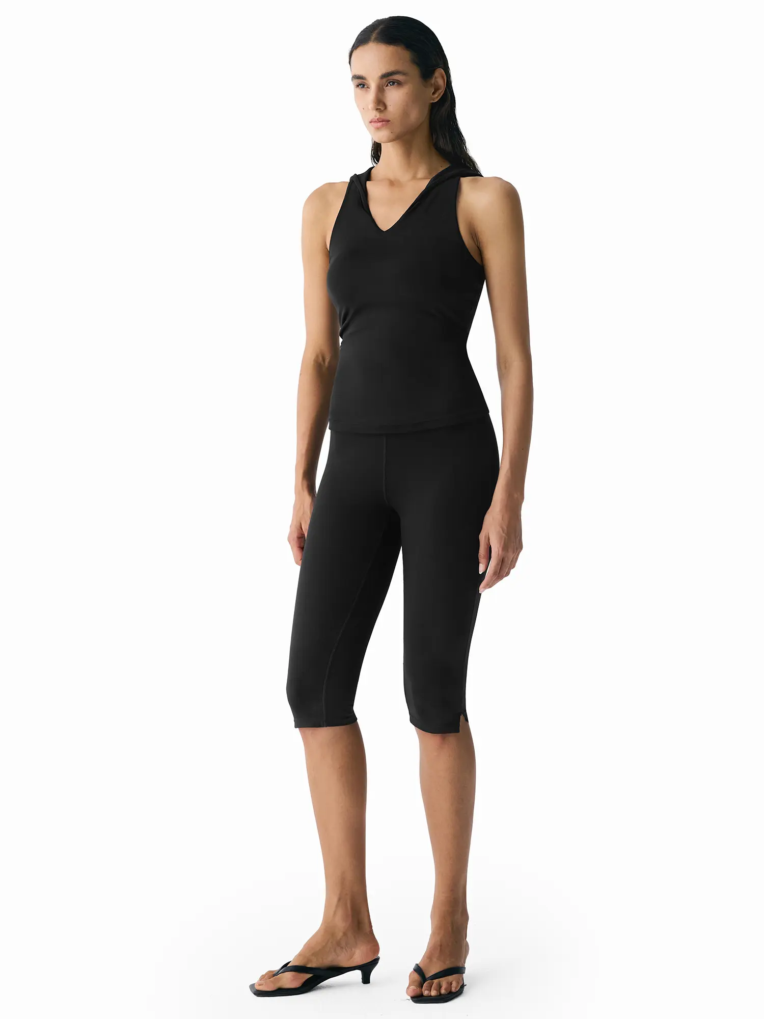 FDR X AOSSIO Women's 2-Piece Matching Workout Set, Sleeveless Hooded V-Neck Yoga Tank Top & Capri Leggings, Athletic Activewear, Workout Sets Women