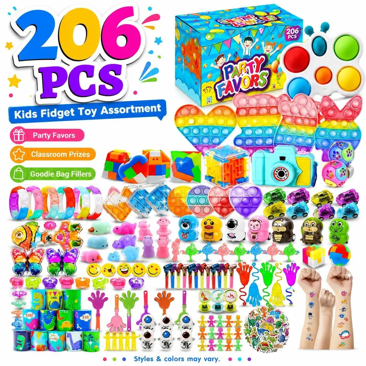 102/150/206Pcs Kids Party Favors Toy Assortment, Colorful Treasure Box Prize Set with Mini Fidget Toys, Pop It Keychains, Stickers, Novelty Toys & Goodie Bag Fillers, Classroom Rewards, Pinata Stuffers, Birthday Party Gifts, Carnival Prizes, Goodies Set