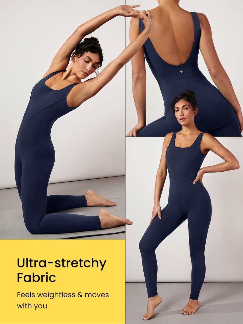 GLOWMODE 24" FeatherFit Tummy Control Open Back Gym Yoga Sports Jumpsuit Bodysuit  Elegant For Woman