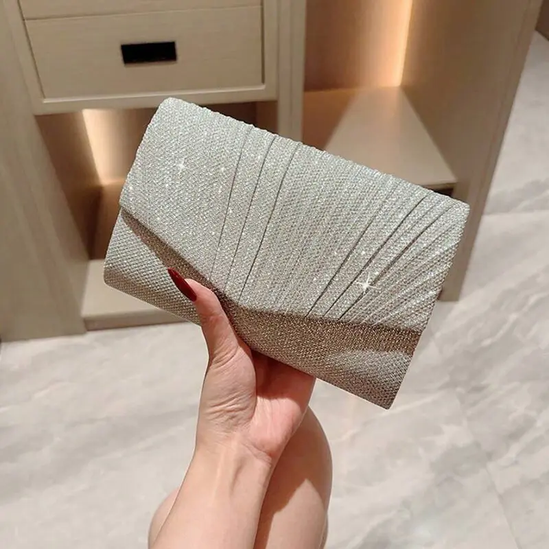 New women's pleated shiny banquet bag, bride's wedding bag, versatile banquet handbag, crossbody bag, wedding season wedding gift bag, very suitable for weddings, conferences, banquets, parties, and dances. The best gift for women