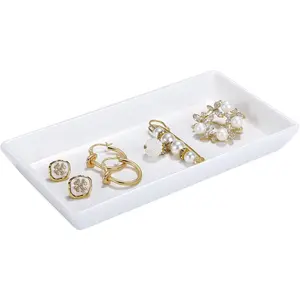 Tray, Small Rectangle Ceramic Vanity Tray  Dish, Trinket Perfume Tray for , Rings, Bathroom Kitchen Soap, White