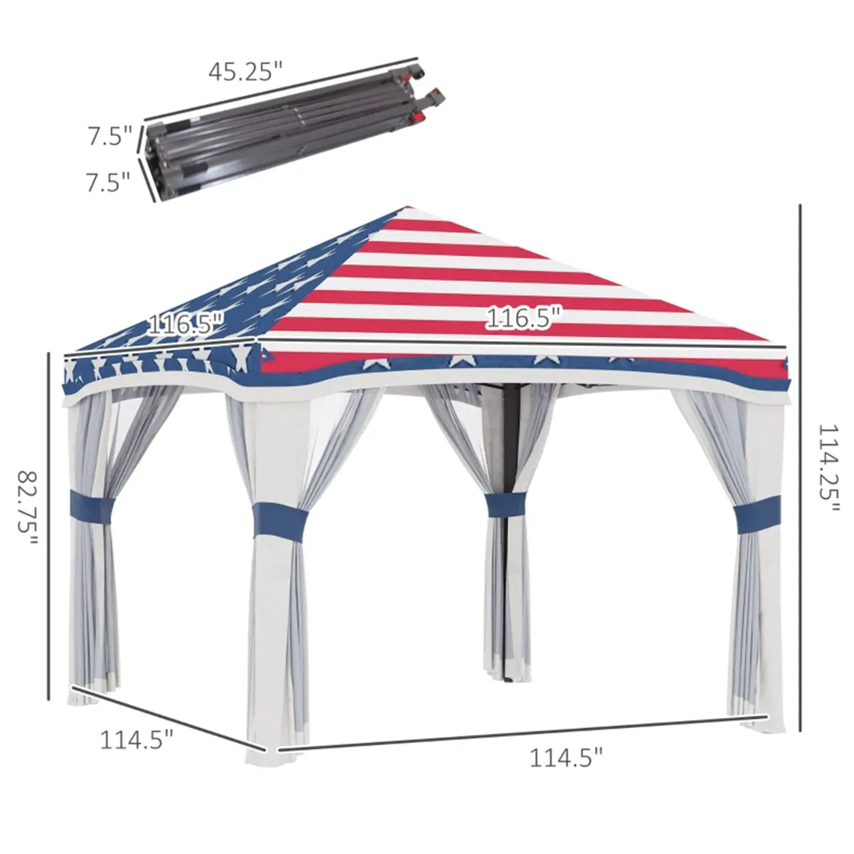 American Flag Square Gazebo Tent - 154.25" L x 154.25" W x 111.5" H Large Outdoor Furniture, Sturdy Adjustable, Waterproof UV-Resistant Sunshade Awning with Stakes, Requires Assembly, Suitable for Gardens, Parties
