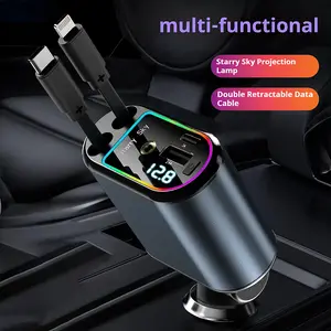 4-in-1 retractable car charger, a four in one car charging adapter with voltage display function, compatible with Android and Lightning phones, 2 USB charging ports, suitable for 12V/24V vehicles