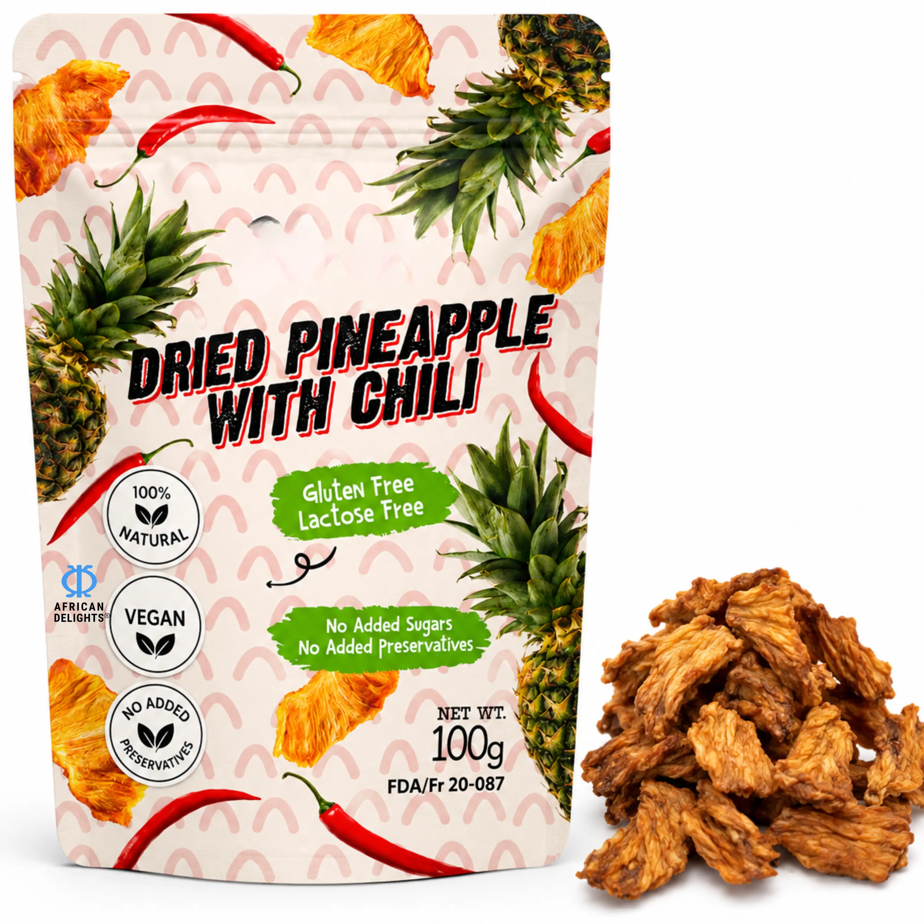 African Delights Dried Pineapple with Chili, Pack of 3 (100g Each)
