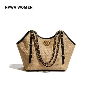 Women's Woven Straw Tote, Black Trim Quilted Design, Perfect Summer Purse, Elegant Chain Handbag, Spring Summer