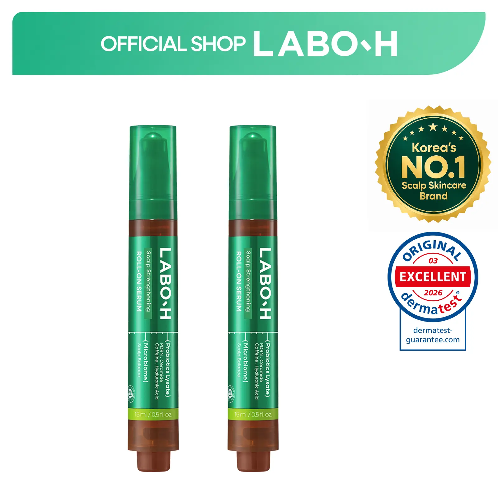 LABO-H PDRN Roll-On Scalp Serum 2-Pack | 84% Less Hair Shedding in 14 Uses | Daily Scalp Massaging Serum Vegan | Korean Haircare