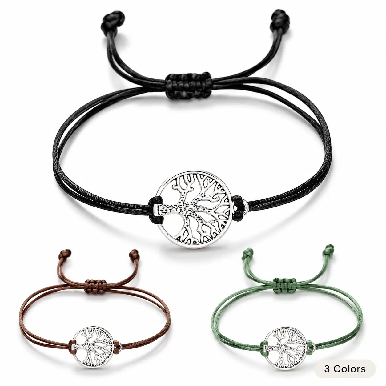 Adjustable Tree of Life Bracelet – Silver-Tone Charm, Minimalist Cord Friendship Bracelet for Everyday Wear
