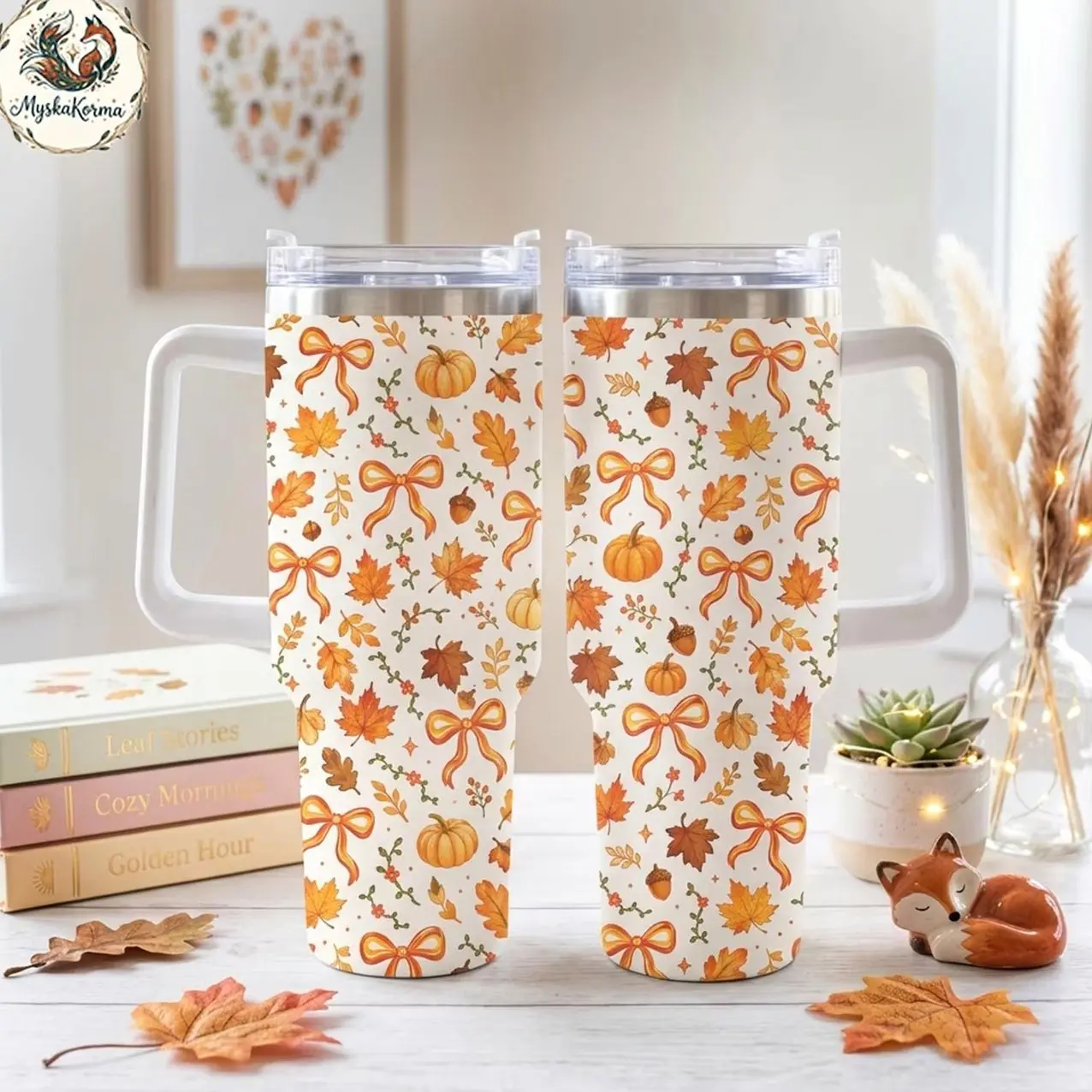 Fall Pumpkin Tumbler, Autumn Leaves Floral 40oz Tumbler, Coquette Bow Cup, Thanksgiving Gift, Cute Fall Drinkware
