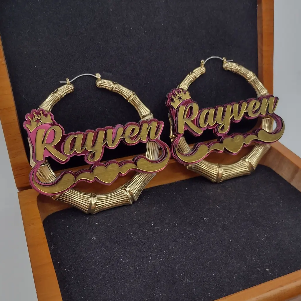 Custom Bamboo Name Hoop Earrings – Heart & Swirl Design with Crown, Personalized Gold Statement Jewelry for Women, Girls, Gifts
