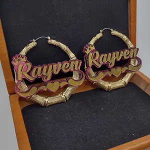 Custom Bamboo Name Hoop Earrings – Heart & Swirl Design with Crown, Personalized Gold Statement Jewelry for Women, Girls, Gifts