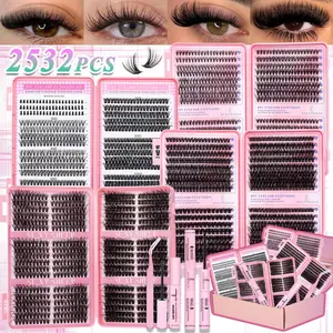 2532pcs Natural Eyelash Extension Kit, DIY Lash Clusters Pack 4 Boxes, Soft Lightweight, Long Lasting 72h, Includes Bond&Seal &Remove&Eyelash Tweezers, Easily DIY Long-Lasting Salon Charm at Home, DIY Eyelashes Kit, Perfect for Beginners