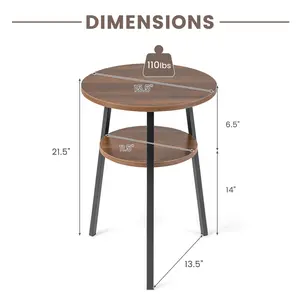 COSTWAY - 2-Tier Round End Table Set of 2 with Open Shelf and Triangular Metal Frame-Walnut