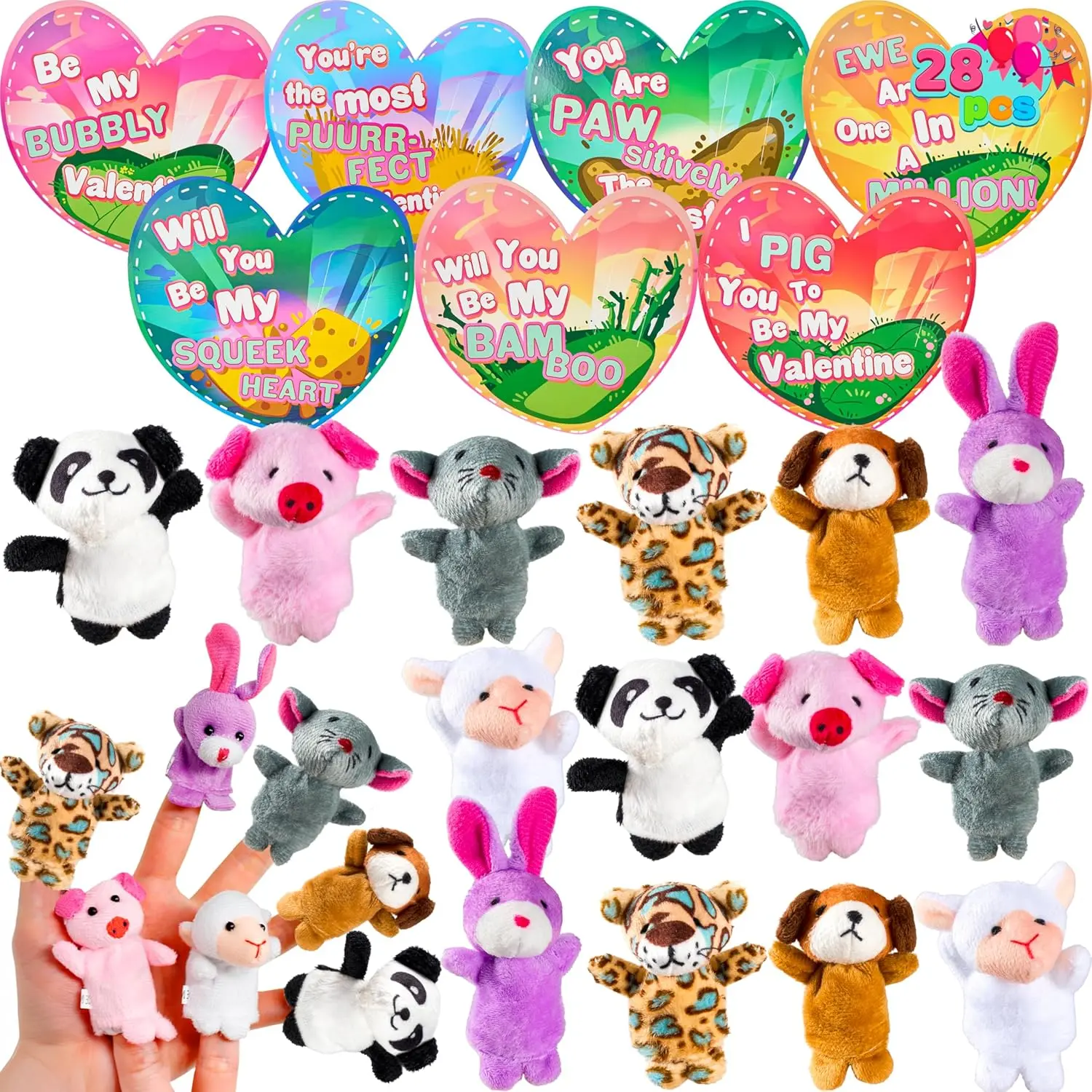 28 Packs Valentines Day Animal Finger puppet with Gift Cards Set for ...