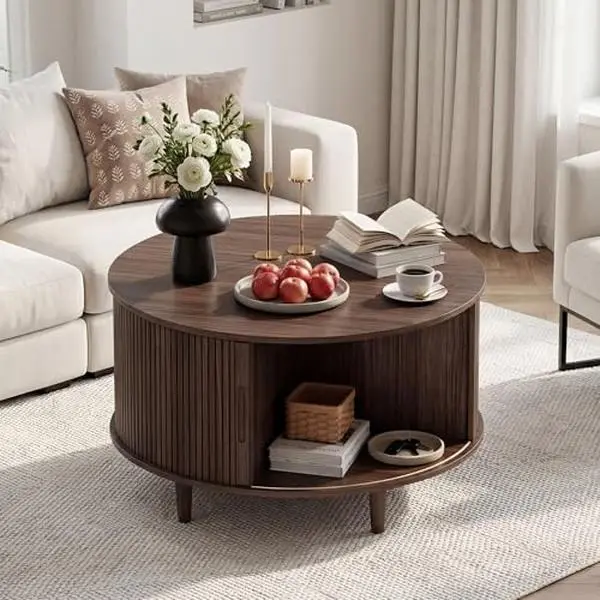 Loftiage 31.5-Inch Round Coffee Table with Flip-Top; Fluted-Panel Table with Storage and Sliding Doors; Mid-Century Modern Style; Suitable for Living Rooms and Small Spaces; Walnut Finish,coffee table living room