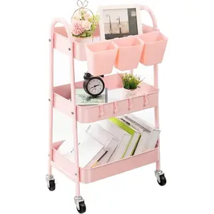 3-Tier Rolling Cart, Metal Rolling Storage Cart with Lockable Wheels & Hanging Cups & Hooks, Mobile Trolley Cart for Kitchen, Bathroom, Office, Workshop, Pink