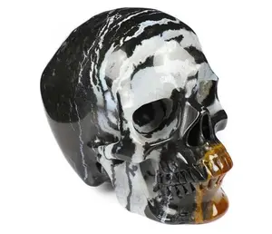 GEMSTONE 5.0" Black Zebra Agate Carved Crystal Skull,Super Realistic, Crystal Healing
