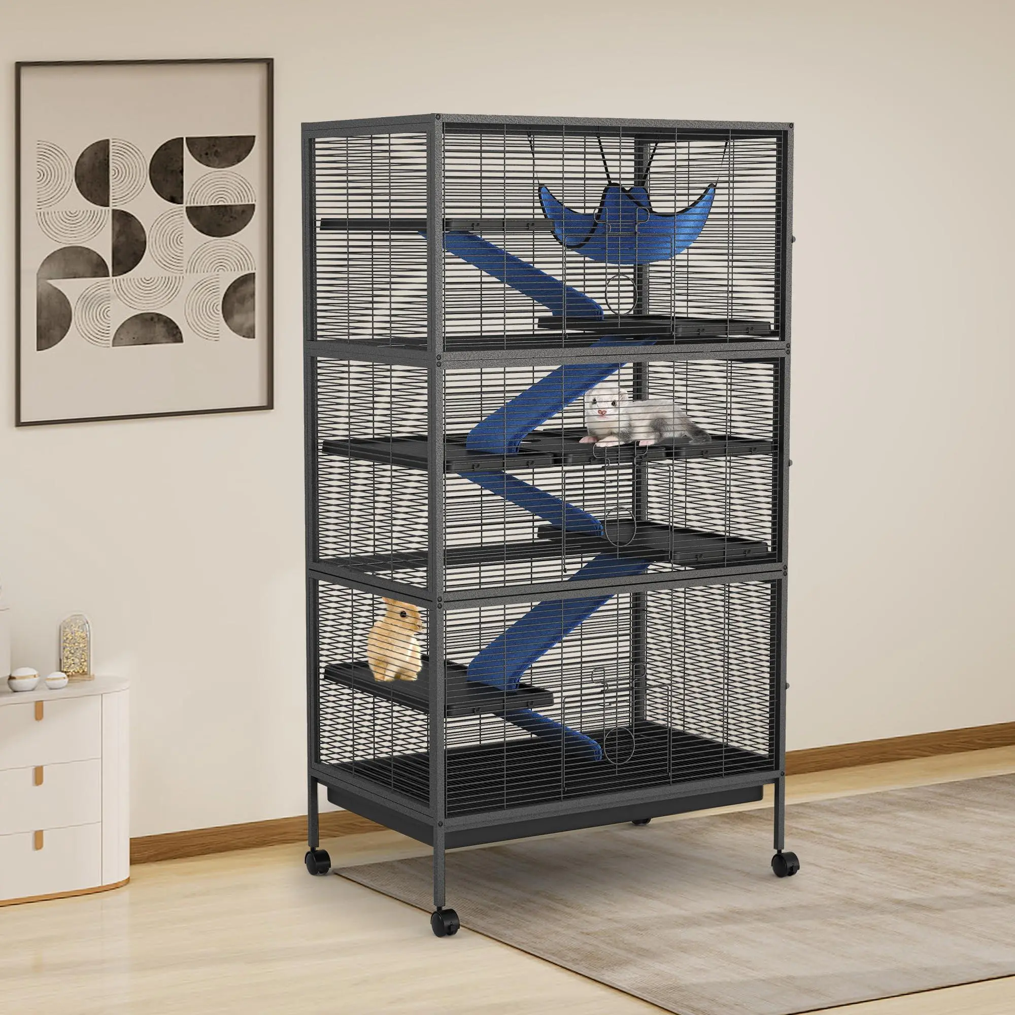 50-in Customizable 7-Platform Wrought Iron Ferret Cage - Multi-Level Small Animal Habitat with Lockable Doors, Ramps, Wheels, Storage Cabinet, Grid Mesh, Detachable Parts, Hammock (Black) for Chinchillas, Guinea Pigs (Paws-Protecting, Escape-Preventing),