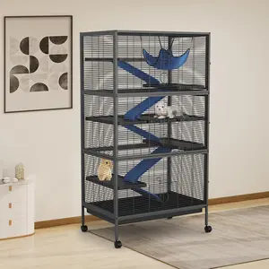 50" Large Metal Ferret Cage, Small Animal Habitat with Lockable Doors, Ramps, Wheels, Storage Cabinet, Multi-Level Chinchilla Cage for Chinchillas, Ferrets, Guinea Pigs, Rats, Hammock(Black)