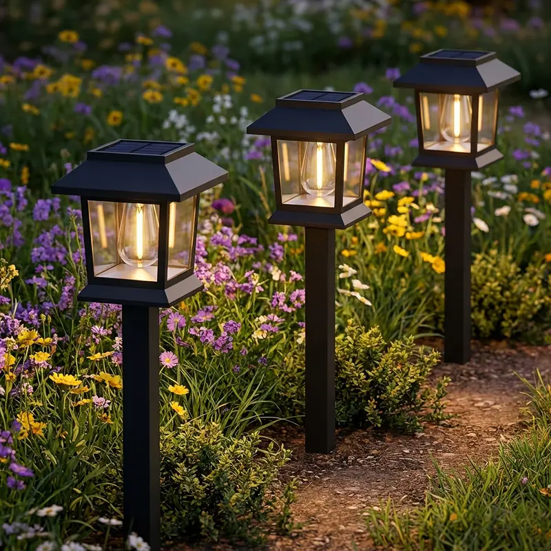 Hoodink 12-Pack Upgraded Solar Powered Pathway Lights with Stakes - Solar Street Lamp, DC Power Supply, Adjustable, Auto Shut-Off, Bulb Included, IP54 Waterproof Brown Hard Plastic, 3000 Warm White, Easy Installation for Driveway Walkway