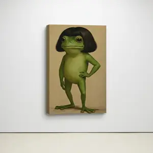 Whimsical Frog Canvas Poster Funny Animal  Minimalist Green Bob Haircut Frog   Unique Gift Cute Quirky Print Newspaper living room bedroom    Custom Blonde home decor   land bathroom printable art quote wall hall corporate modern religious sci-fi family